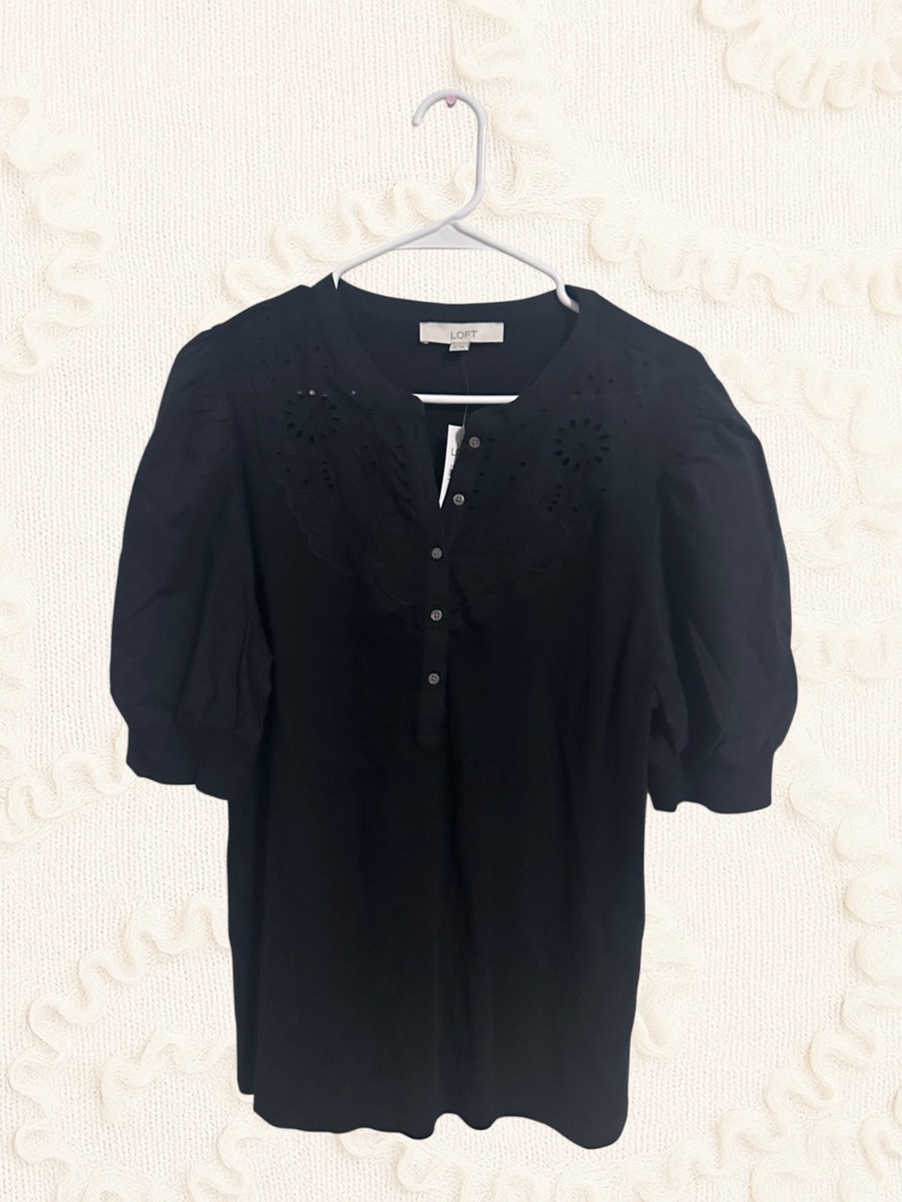 LOFT Eyelet Puff Sleeve Blouse Black Floral Eyelet Size XL